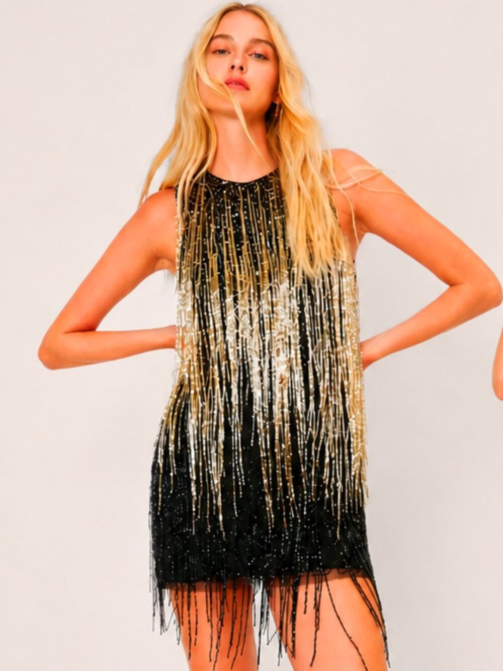 💥KNOCKOUT!💥Roaring 20s Vibe Icon Tassel Beaded Open Back Dress in Black & Gold